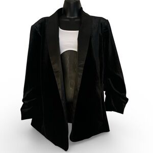 Eesome Black Velvet Women's Open Front Blazer with Satin Trim and Lining